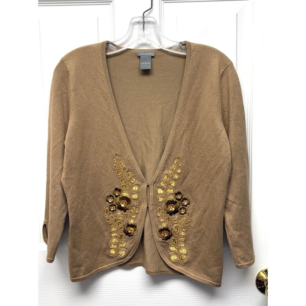 Ann Taylor Sweater Silk Cashmere Beaded Cardigan Small Gold Floral 3/4 Sleeve